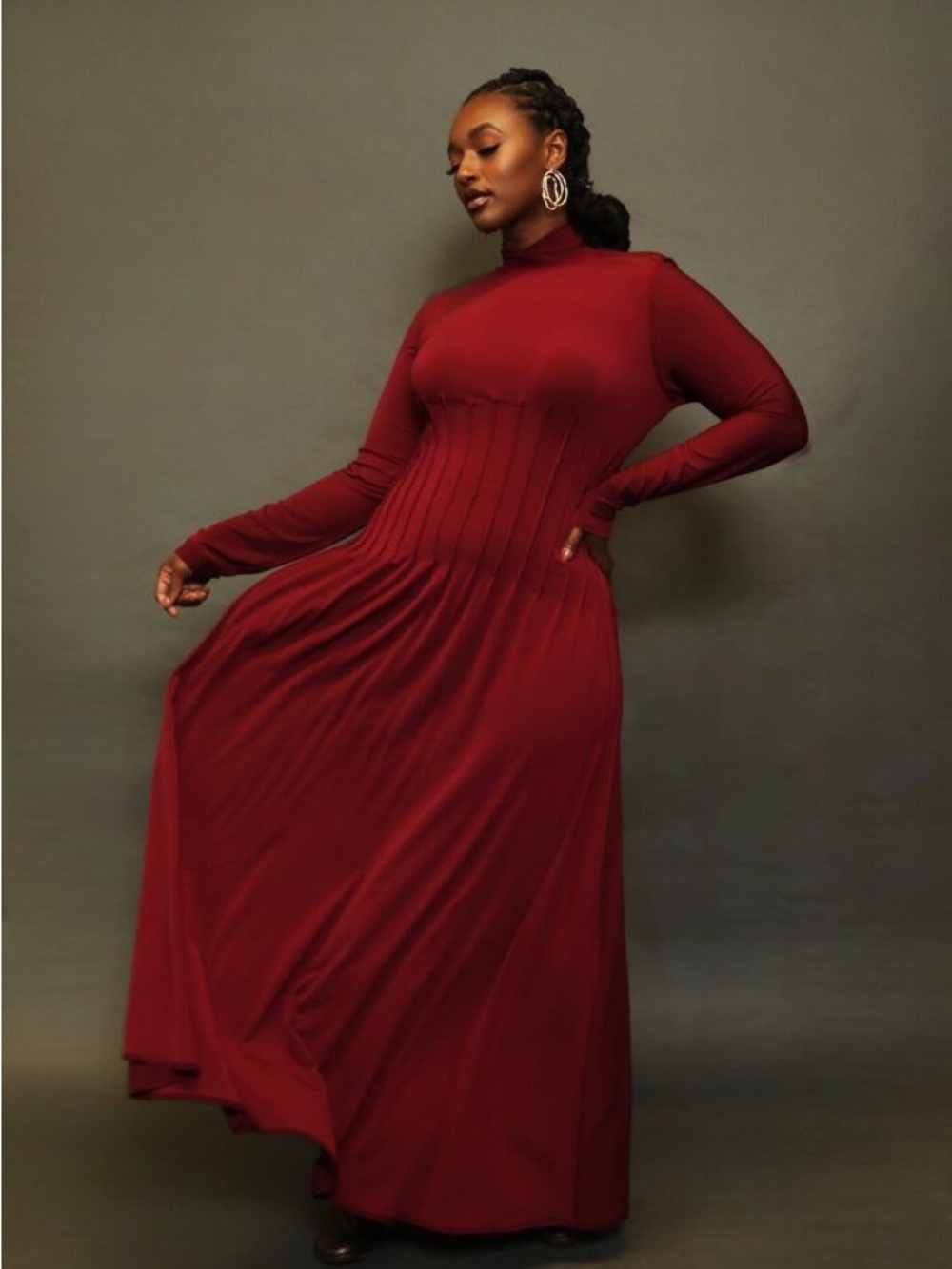JIBRI Red Women's Pleated Waist Midi Dress -